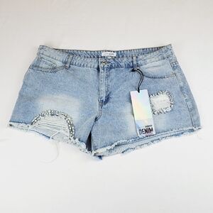 Love Soho Denim Blue Rhinestone Embellished Jeans Shorts